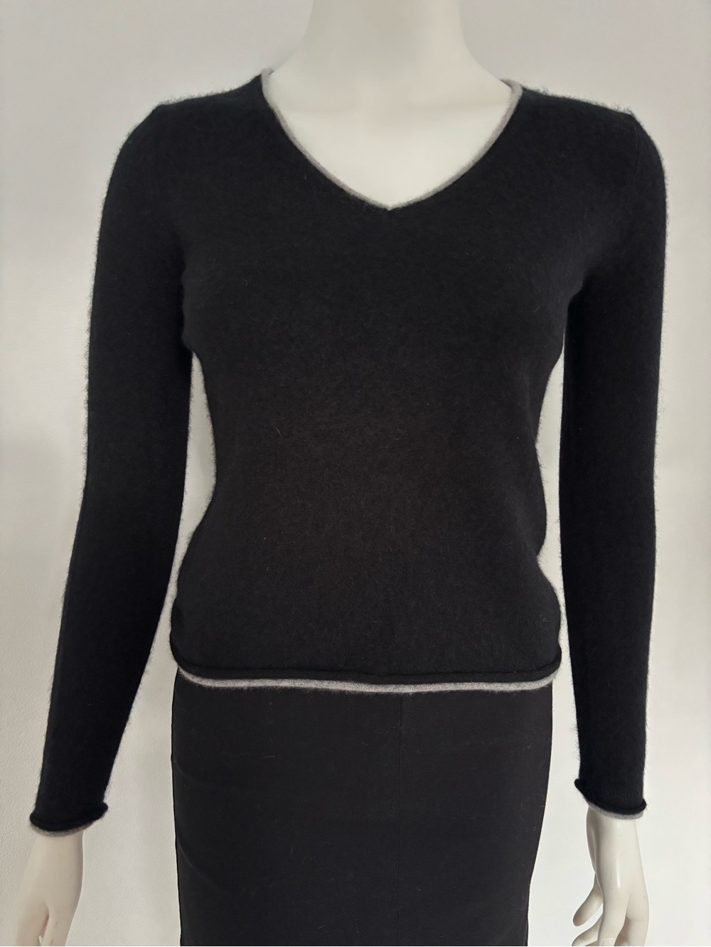Grace 100% Black V-Neck Sweater with Contrast Trim